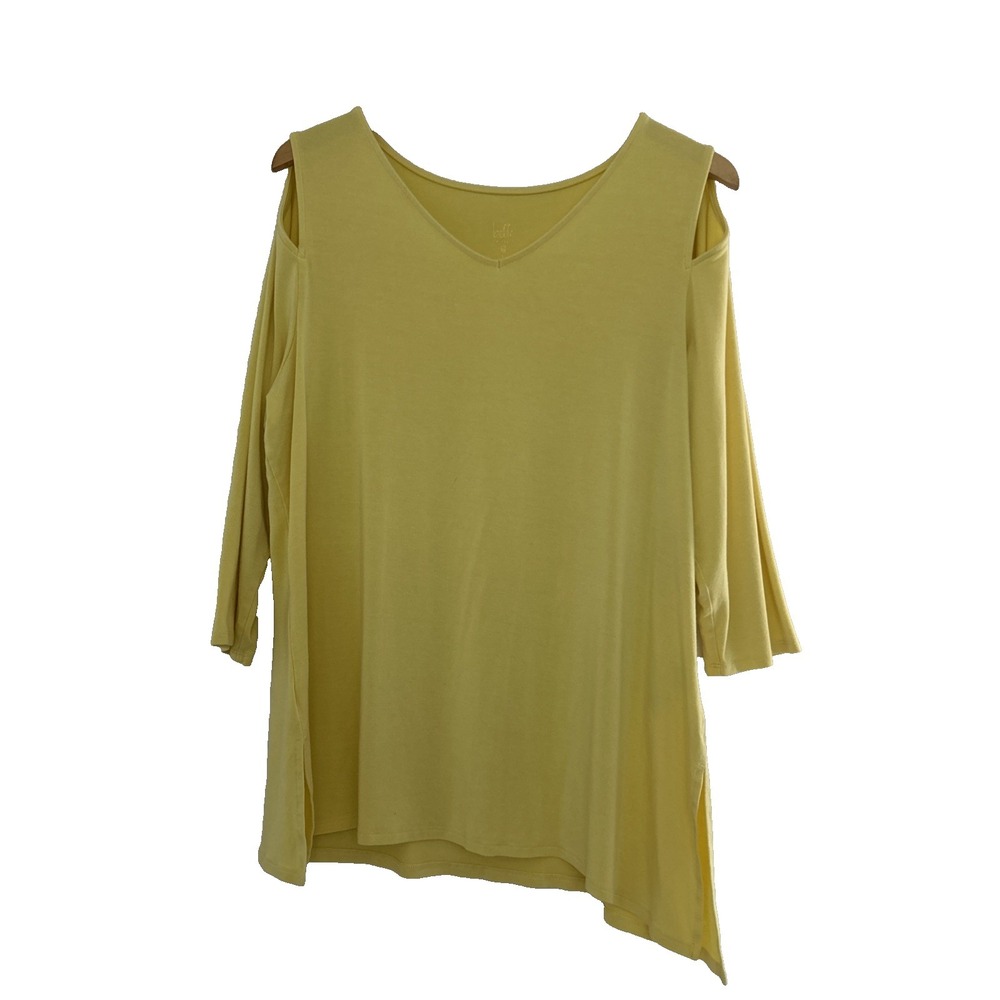 Belle Kim Gravel Top Womens Size L Cold‎ Shoulder Asymmetric Slit Hem 3/4 Sleeve